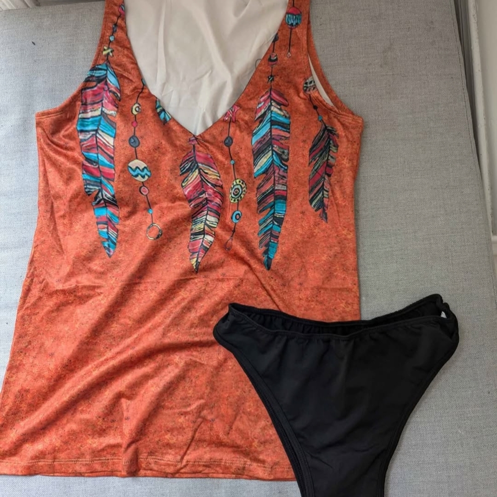 NWOT Orange Feather Print Swimsuit Set